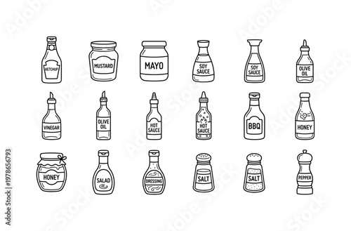 A sauces and condiments scene with a ketchup bottle, mustard jar, mayonnaise jar, soy sauce bottle, vinegar bottle, olive oil