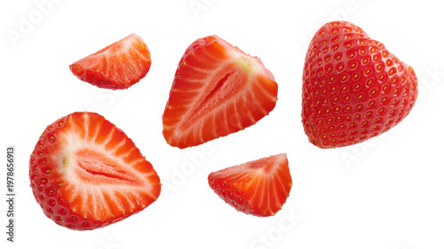 Fresh red strawberries sliced into halves and small pieces isolated on a clean white background view