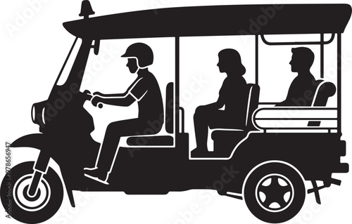 Three passengers riding in open auto rickshaw on city street flat vector illustration