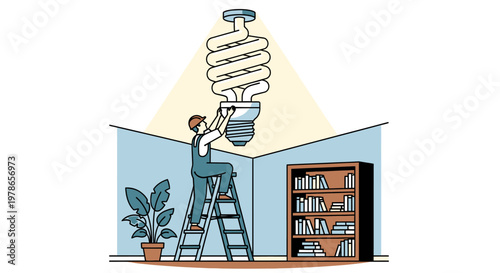 Flat vector illustration of man changing light bulb, ladder under ceiling lamp with bright light beam, minimalist home interior with bookshelf and plant for energy concept