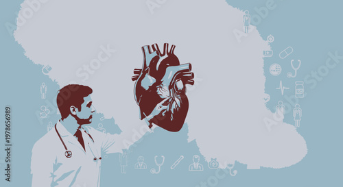 Minimal medical vector illustration, doctor in white coat viewing anatomically detailed human heart with arteries. Flat design in maroon and light blue, healthcare anatomy concept