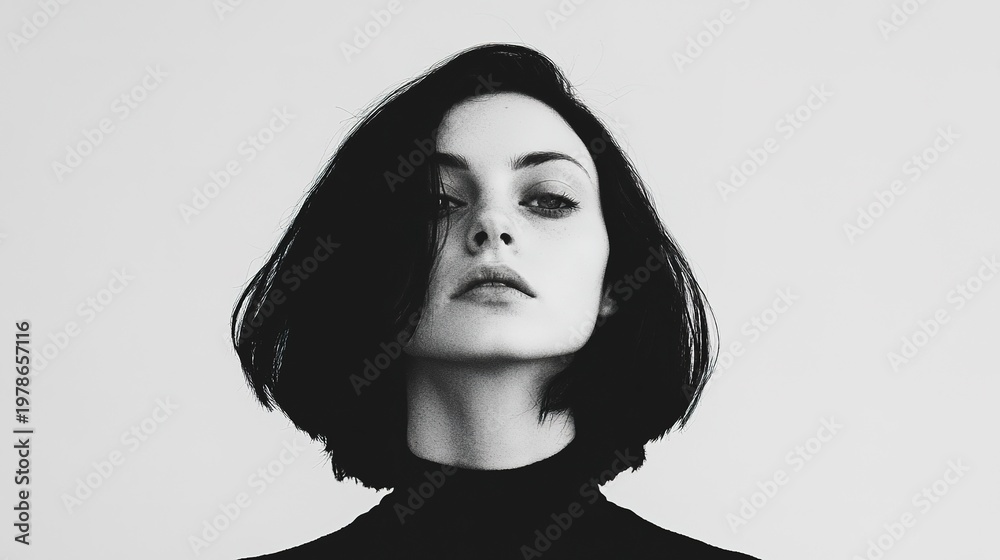 Fototapeta premium Minimalist portrait of a woman with shoulder-length hair studio setting artistic chaos gigapixel quality