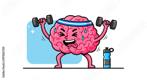 Cartoon brain weightlifting vector illustration, strong pink brain character lifting dumbbells in gym workout, fitness and neuroscience mascot icon for health education posters and apps