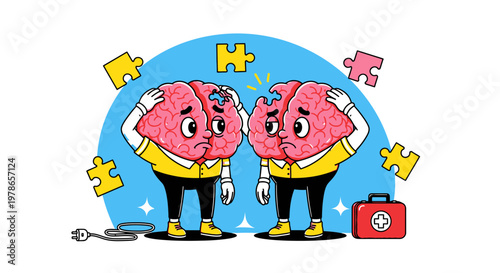 Cartoon brain mascot character with jigsaw puzzle pieces, flat vector illustration of pink brains with legs and shoes, teamwork and problem solving concept icon for education