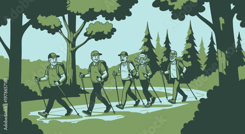 Flat vector hikers walking in forest landscape, outdoor trekking and camping illustration in green tones. Nature travel concept with mountains, trees, trail and backpackers