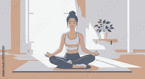 Modern flat yoga illustration, woman meditating in lotus pose on mat at home. Minimalist vector wellness and mindfulness scene with soft pastel colors for app UI and posters