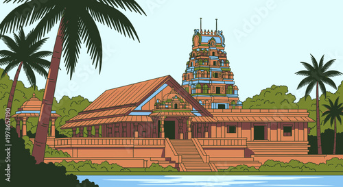 Retro vector Hindu temple by river, colorful South Indian gopuram and shrine architecture illustration. Tropical palm landscape, travel culture landmark graphic for posters
