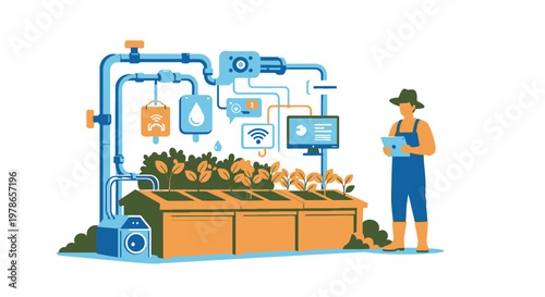 Flat vector hydroponic farming system illustration, indoor greenhouse vegetable cultivation with irrigation pipes and sensors, sustainable agriculture technology concept for web banner