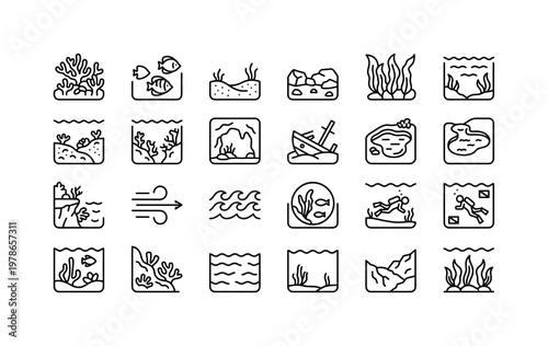 Diving environments with underwater reefs, ocean zones, wreck sites, caves and aquatic habitats clean monoline outline icon set