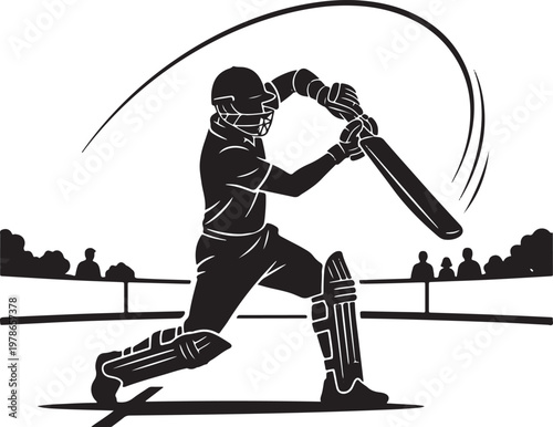 Dynamic cricket batsman in action swing with crowd watching black and white illustration