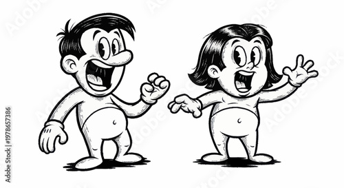 Cartoon children standing happy smiling.