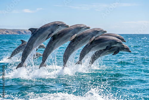 Dolphins jumping out of ocean water on bright sunny day