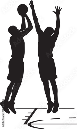 Silhouette of two basketball players jumping for high five on court at dusk