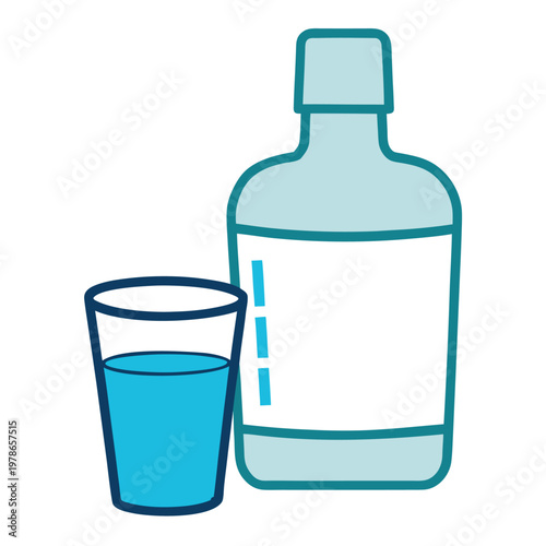 Light blue mouthwash bottle and glass of blue liquid sit on white.