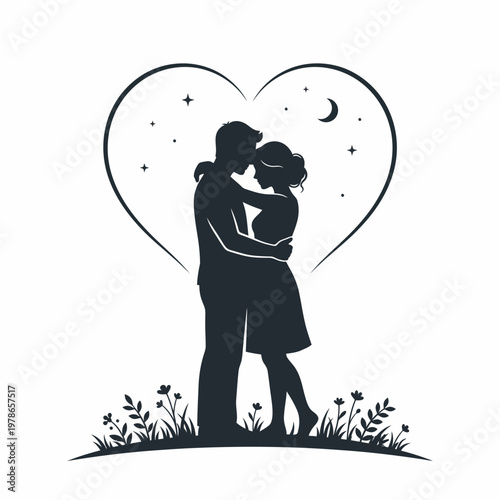 A romantic silhouette illustration of a loving couple embracing and kissing in front of a heart-shaped background with stars and a crescent moon, surrounded by flowers and grass.