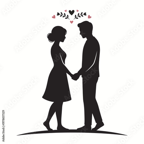 A romantic couple silhouette of a man and woman holding hands with hearts and leaves floating above them on a white background.
