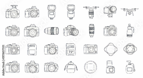 Camera icons and photography equipment.