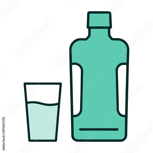 Teal mouthwash bottle and mint green liquid sit on white background.