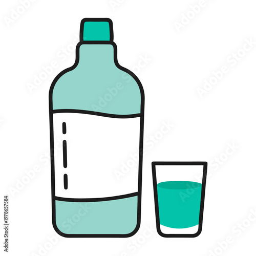 Light blue mouthwash bottle and turquoise liquid sit on white.