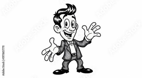 Smiling cartoon man in suit gesturing.
