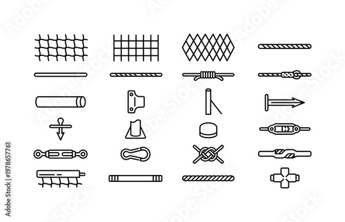 Volleyball net parts with mesh, cables, poles, tensioners, boundary lines and structural components clean monoline outline icon