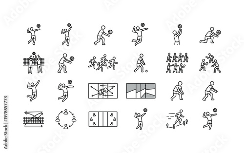 Volleyball net usage with serving, spiking, blocking, setting, playing actions and game techniques clean monoline outline icon set