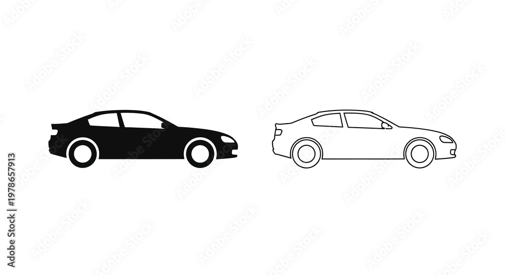 Fototapeta premium Two car silhouettes one black one white shown in side profile