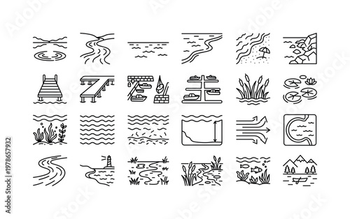 Water environments with lakes rivers seas shorelines docks and outdoor boating locations clean monoline outline icon set showing