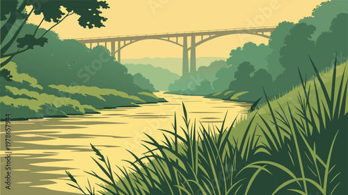 Stylized Landscape Illustration of a River with a Concrete Arch Bridge and Lush Greenery