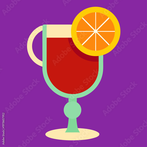 Glass mug of red mulled wine sits against a purple background.