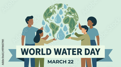 World Water Day illustration featuring diverse people, globe, and water droplets