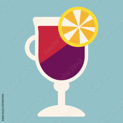 Mug of dark red mulled wine sits against a muted blue background.