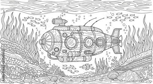 Underwater Submarine Line Art Illustration with Coral Reef, Sea Plants, Fish School, and Ocean Landscape for Marine Exploration Design