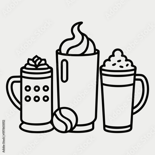 Three different coffee and mulled wine beverages are depicted in black outline style with whipped cream toppings and a single bean on a gray background.