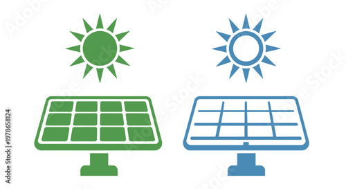 Illustrations of solar panels with various sun styles, ideal for renewable energy themes, sustainability awareness, clean technology visuals, and professional vector illustration design projects.