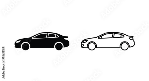 Two sedan car icons solid black and transparent outline versions