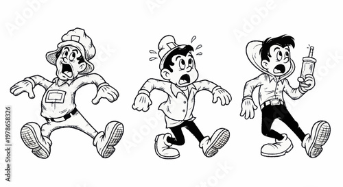 Three cartoon men running quickly outside.