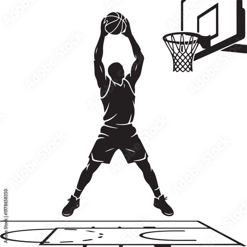 Silhouette basketball player dunking on outdoor court at dusk minimalist art