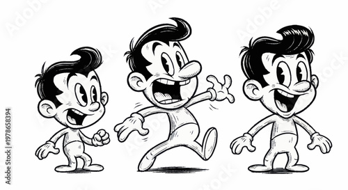 Cartoon boy in three poses smiling.