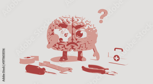 Surreal red brain creature vector illustration, nervous system and mental health concept icon. Abstract anatomy character with question mark, flat design for posters and infographics