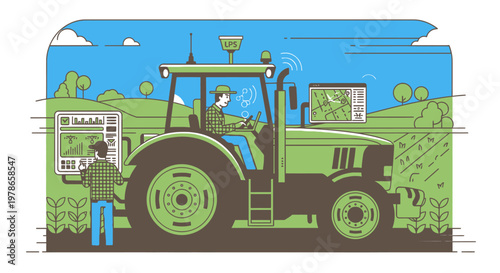 Retro flat vector farm tractor on green field, agricultural machinery illustration with farmer driving. Vintage countryside farming concept, rural equipment graphic for poster, app, web