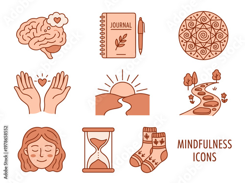 Mindfulness icons for wellness, terracotta mental health illustrations with brain, journal, and mandala
