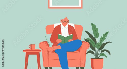 Modern flat vector illustration of man reading book on sofa, cozy indoor living room scene with houseplants and side table, minimalist pastel home lifestyle graphic for web