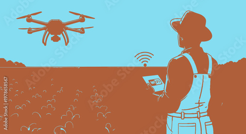 Retro flat vector farmer using smartphone to control agricultural drone, brown and blue countryside silhouette scene. Smart farming technology illustration for agribusiness and apps