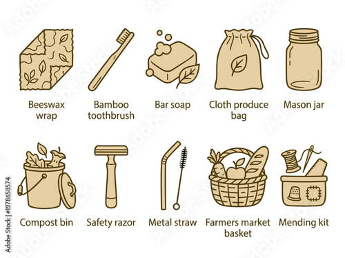Zero waste lifestyle icon set including eco friendly reusable products in natural flat style