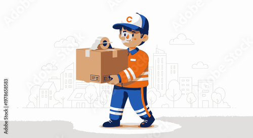 Flat cartoon courier delivering package box, cute young male delivery worker in orange uniform and cap, vector character illustration for shipping service, logistics, ecommerce, express delivery