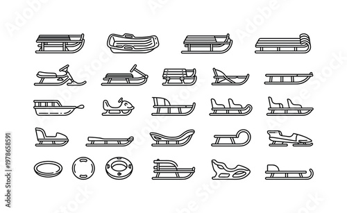 Winter sleds with wooden sleds, plastic sleds, snow racers, toboggans and classic downhill sled designs clean monoline outline