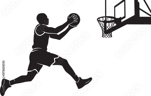 Silhouette basketball player dunking on outdoor court at dusk minimalist art