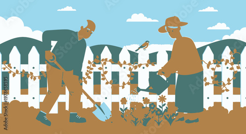 Vintage flat vector illustration of farmers harvesting crops, rural agriculture scene with shovel and sack, autumn countryside landscape in brown and green for infographic, poster, web