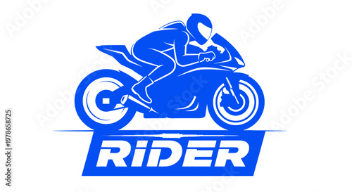Bold blue motorcycle rider logo vector, sportbike racing silhouette emblem with helmeted motorcyclist, modern typography badge design for motorsport team branding and apparel